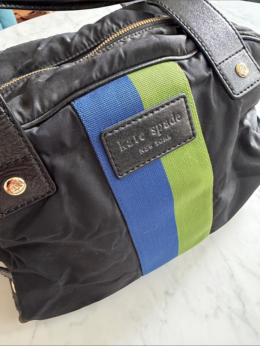 kate spade Black microfiber and leather Bag with Blue and Green Stripe